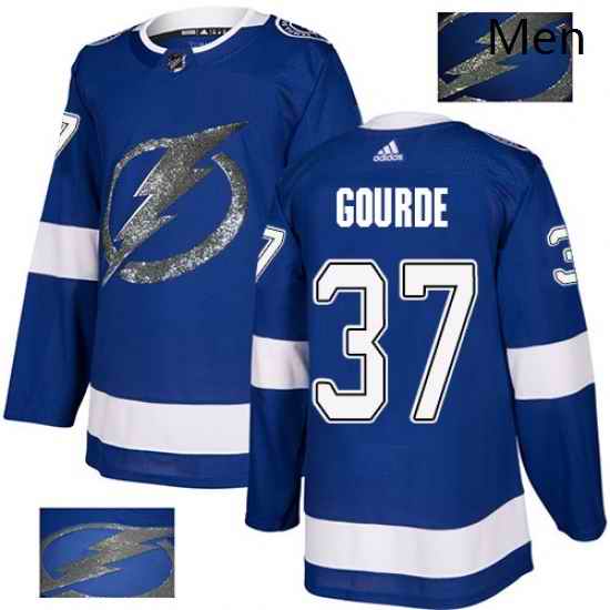 Mens Adidas Tampa Bay Lightning 37 Yanni Gourde Authentic Royal Blue Fashion Gold NHL Jersey